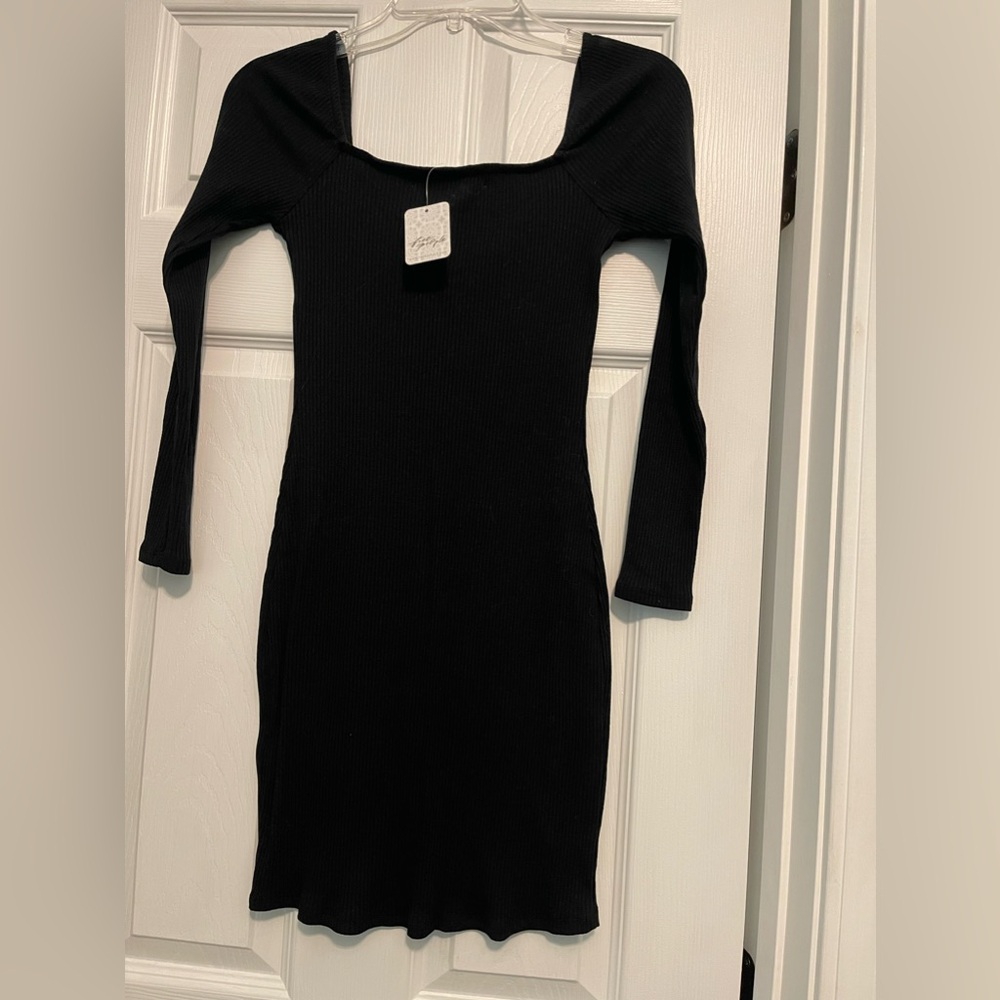 Free People Ribbed Black Long Sleeve Mini/Knee Length Dress